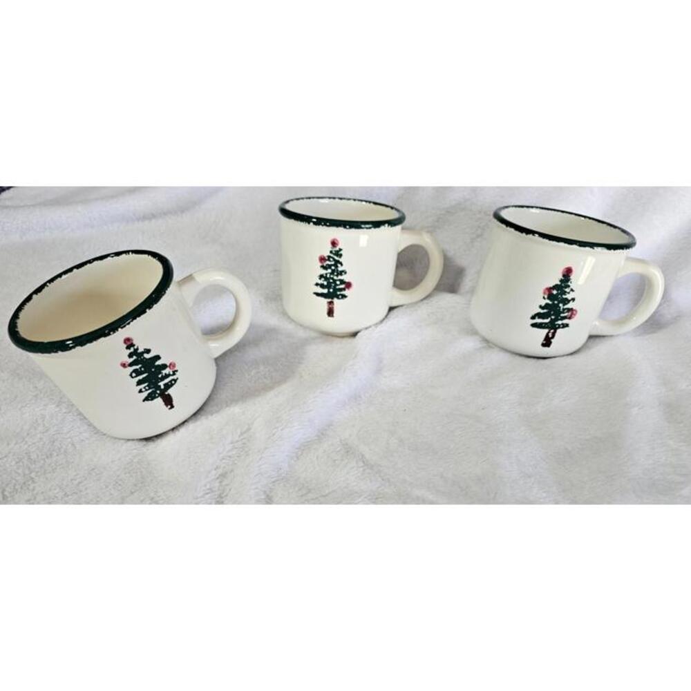 (Set of 3) Vintage Furio Coffee Mug Cup Christmas Sponged Trees Italy White 4"